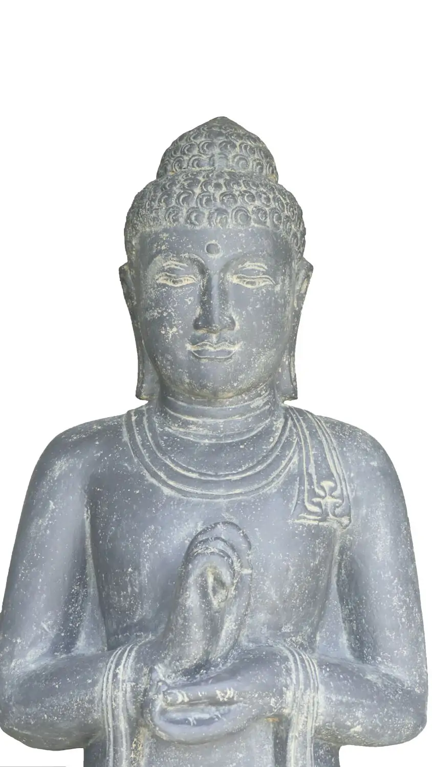 Artikelbild 4 des Artikels “Stehender Buddha Rad der Lehre, Indien, 192 cm Höhe, Kunststein, hohl, handgefertigt & farbig. Eingefaerbt in der Farbe Antik-Finish “